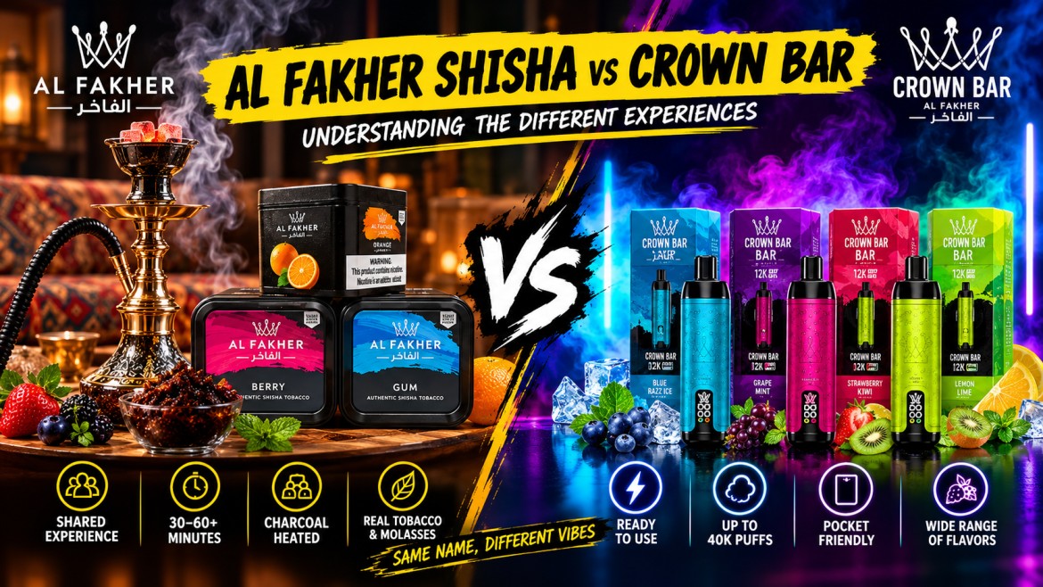 Al Fakher Shisha vs Crown Bar comparison graphic with shisha tobacco boxes and Crown Bar vapes