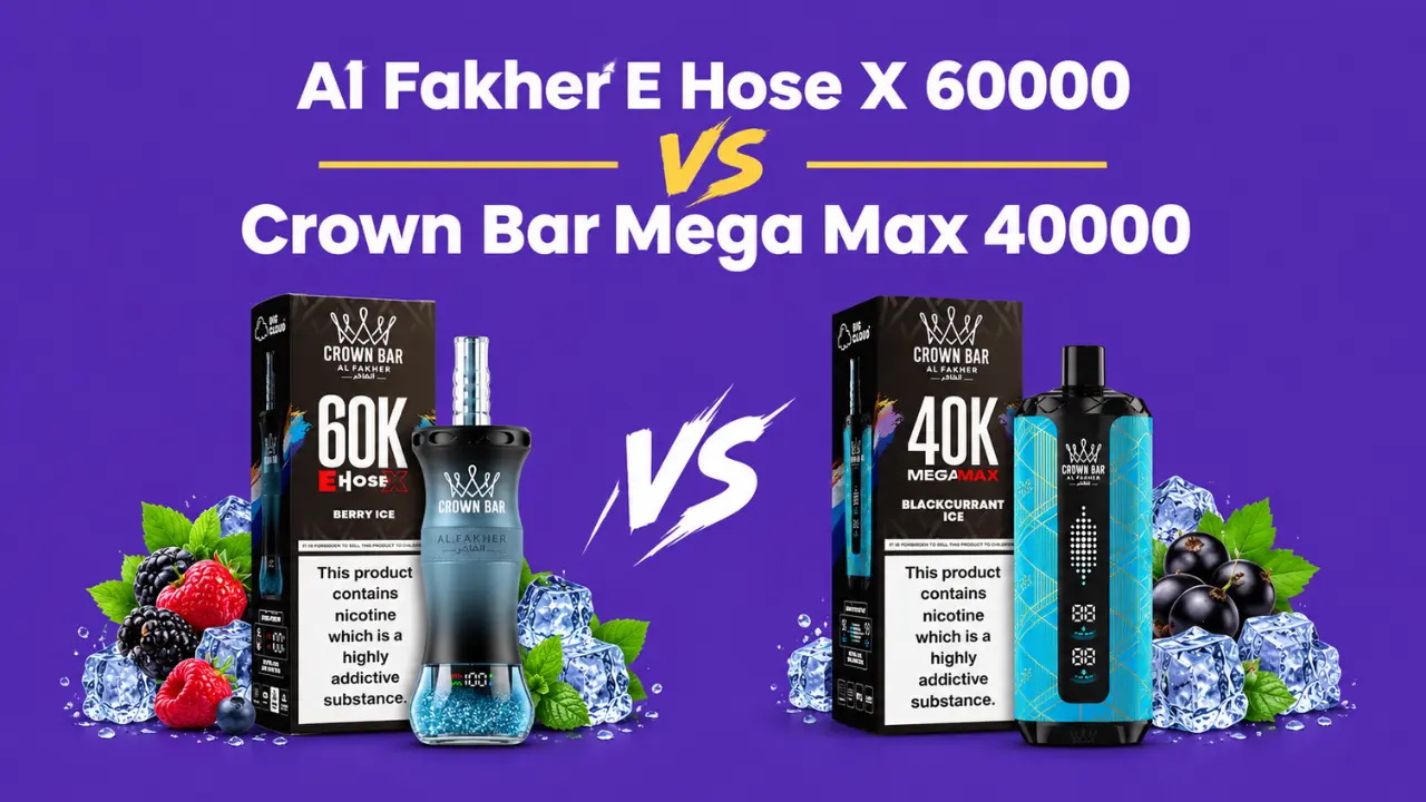 Al Fakher E-Hose X 60000 vs Crown Bar Mega Max 40000 comparison graphic with both vapes and boxes